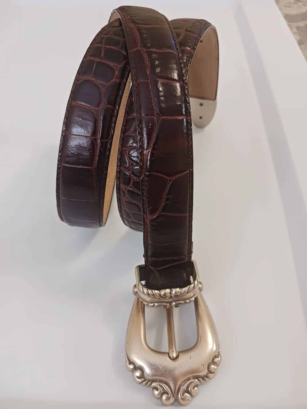 Hunt Club Dark Brown Croc-Embossed Leather Belt with Silver Ornate Buckle XL